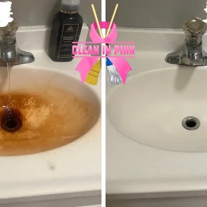 Before and after of a bathroom sink with hard-water stains cleaned