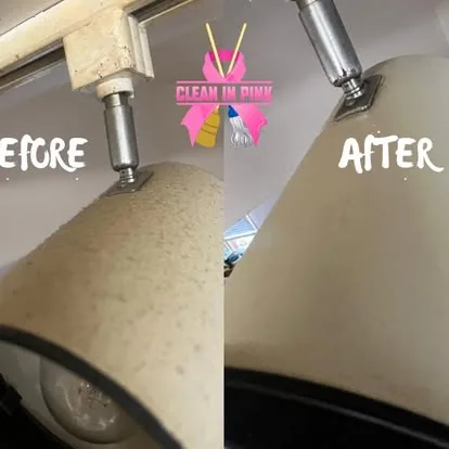 Before and after of a faucet with hard-water build-up cleaned