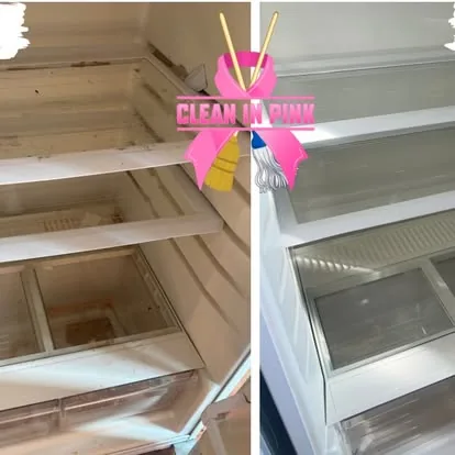 Before and after of refrigerator shelves cleaned