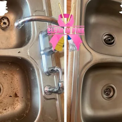 Before and after of a stainless kitchen sink cleaned