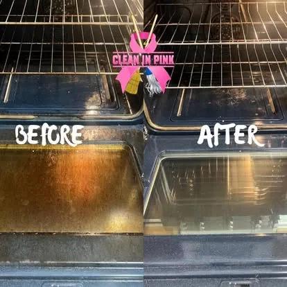 Before and after of an oven cleaned by Clean in Pink