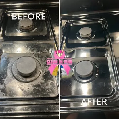 Before and after of a stovetop and burners cleaned