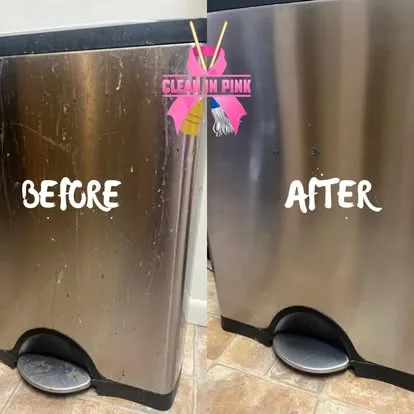 Before and after of a stainless trash can cleaned